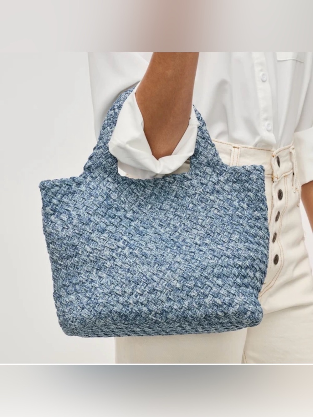 Ladies Woven Multi Denim Blue Medium Tote Removable Canvas Strap NWOT